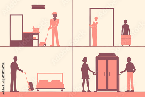 Hotel staff performing various cleaning and service tasks in hallways