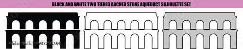 Black and white two tiered arched stone aqueduct silhouette set