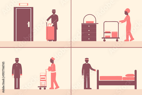 Hotel staff performing various tasks within a simple illustrated setting