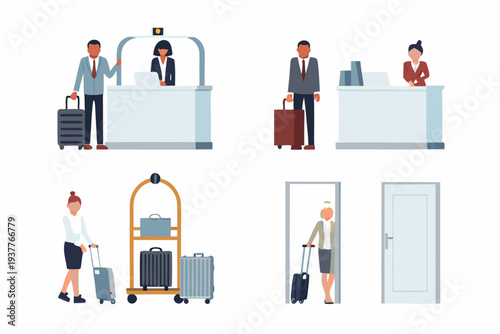 Hotel staff assisting guests with luggage and check in at the reception