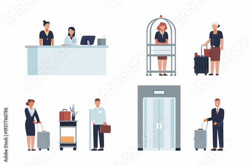 Hotel staff assisting guests with luggage and check in procedures