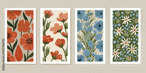 Four botanical art prints featuring vibrant floral patterns in vertical format