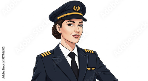 Female pilot in uniform standing confidently with a professional smile and aviation insignia, viewed from the side, with a crisp white background and detailed illustration style.
