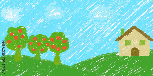 A colorful childlike drawing of a house trees and a bright sky