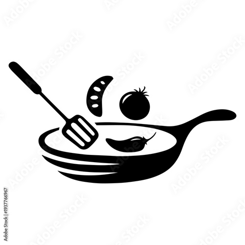 Black and white illustration of vegetables cooking in a pan with steam