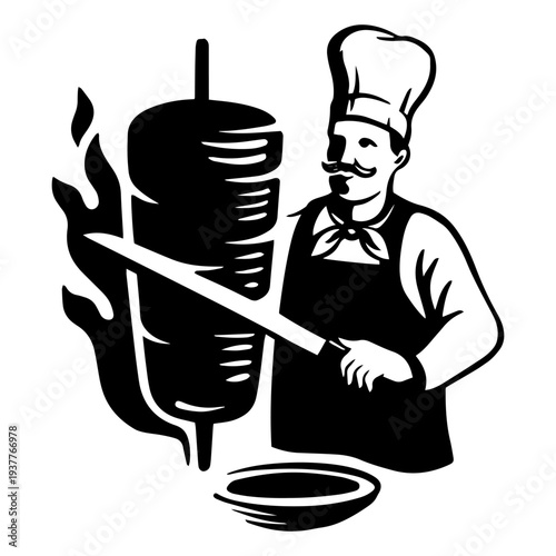 Black and white doner kebab illustration on a rotating skewer. Vector retro hand drawn illustration