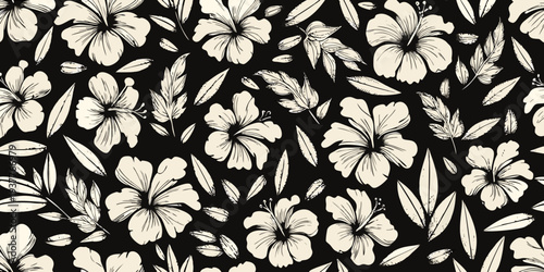 Elegant floral pattern featuring stylized hibiscus flowers and lush leaves