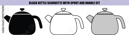 Black kettle silhouette with spout and handle set