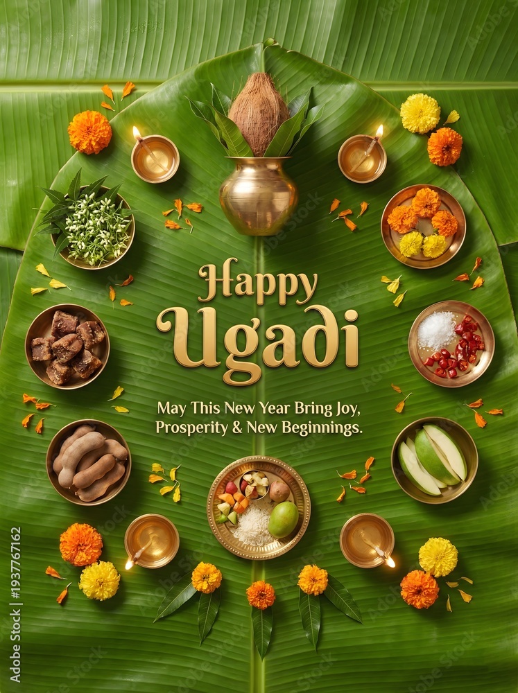 Naklejka premium Ugadi celebration with traditional food and flowers on green leaf