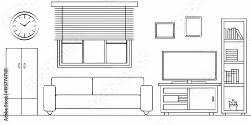 Minimalist living room interior with furniture and wall decor outlined