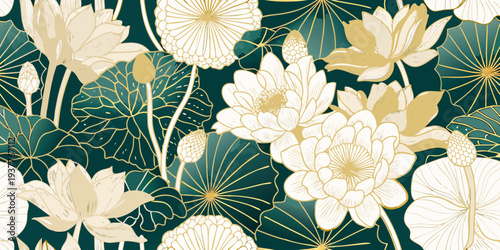 Elegant floral pattern featuring golden lotus flowers on a dark teal background