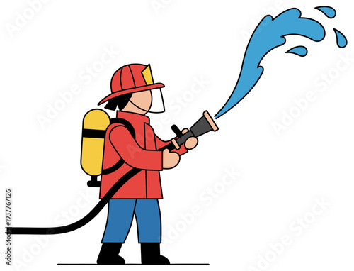 Firefighter cartoon character spraying water isolated on transparent background
