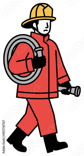Firefighter cartoon character carrying hose isolated on transparent background