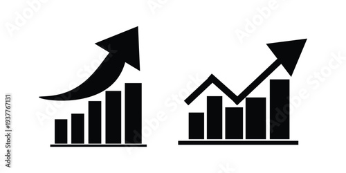 Two black bar chart icons with upward trending arrows symbolizing financial growth and positive progress against a white background