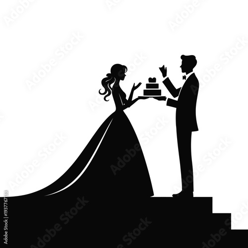 Bride and groom cutting wedding cake silhouette