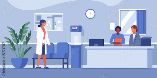 People interacting at a reception desk in a modern healthcare office