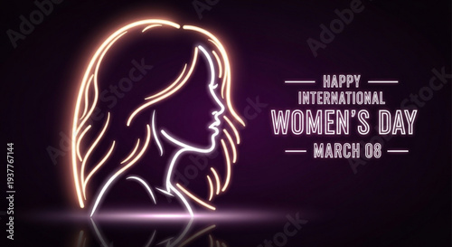 Neon women's day illustration with glowing female silhouette on dark background