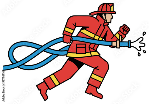 Firefighter cartoon character running with hose isolated on transparent background