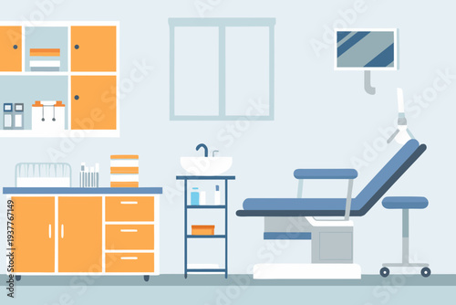 A brightly colored and minimalist illustration of a dental office interior