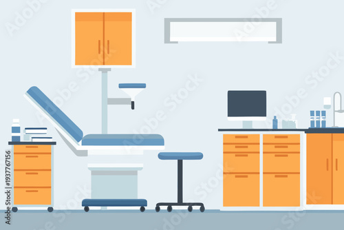 A brightly colored minimalist illustration of a doctor s examination room