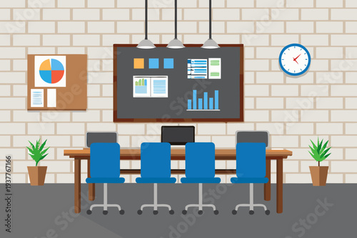 Modern office meeting room with a table chairs and presentation board