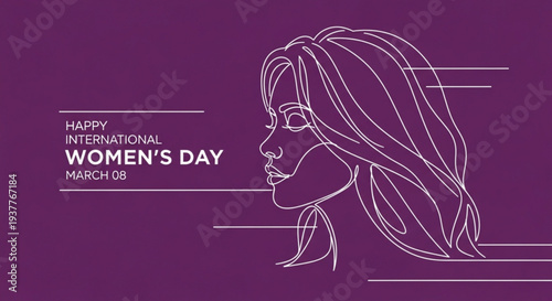 International women's day celebration with purple background and white line art of a woman's face and text