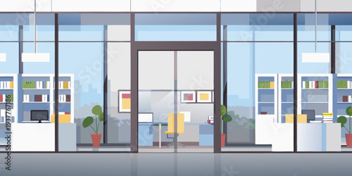 Modern office interior viewed through large glass windows and doors