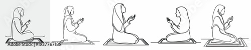 line art of a Muslim woman sitting on a prayer mat in prayer gesture side view