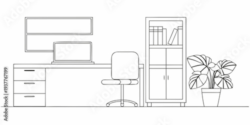 Line drawing of a modern home office setup with desk and plant