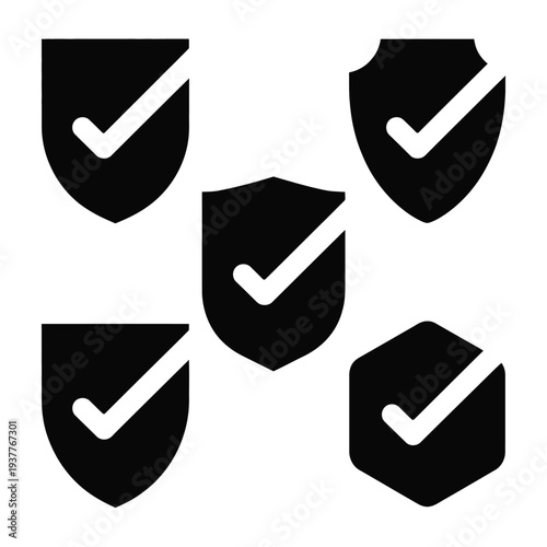 Five black shields with white check marks symbol