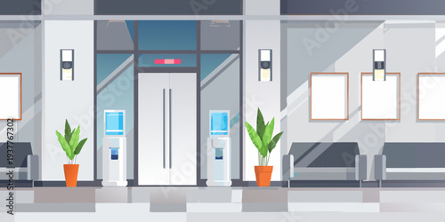 Modern hospital corridor with waiting area plants and automatic doors