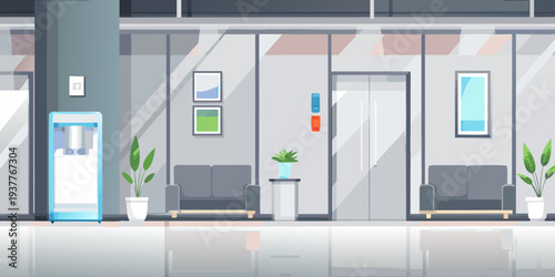 Modern office waiting area with seating water cooler and plant life