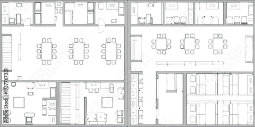 Architectural plan depicting office layouts with desks cabinets and meeting spaces