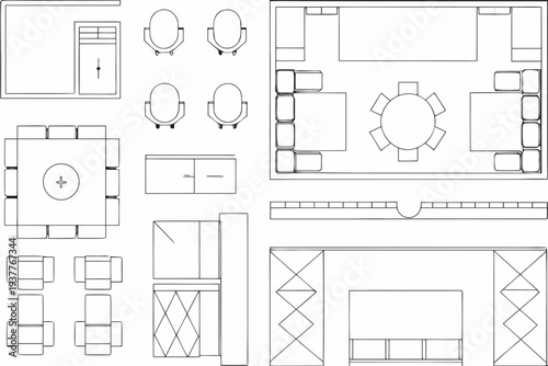 Architectural floor plan with furniture arrangements and room layouts