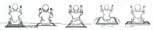 line art of a Muslim little boy sitting on a prayer mat in prayer gesture back view