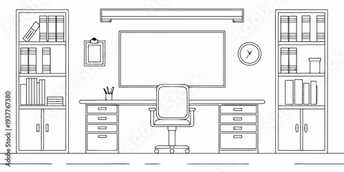 Minimalist line drawing of a home office setup with desk and bookshelves