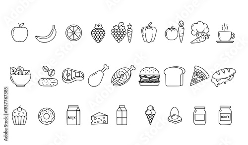 Minimal Food Thin Line Icons with Fresh Fruit Vegetable Coffee Salad and Meat Symbols Vector