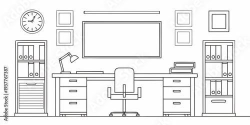 Minimalist linear illustration of a home office setup with desk and storage