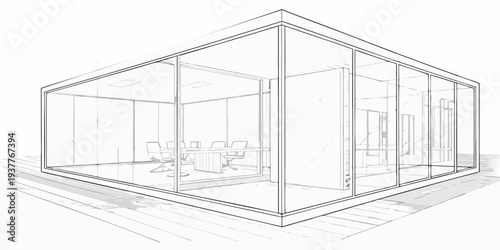 Architectural sketch of a modern glass walled office space interior