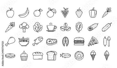 Thin Line Food Icons Collection with Fresh Fruit Vegetable Coffee Salad and Meat Symbols Vector