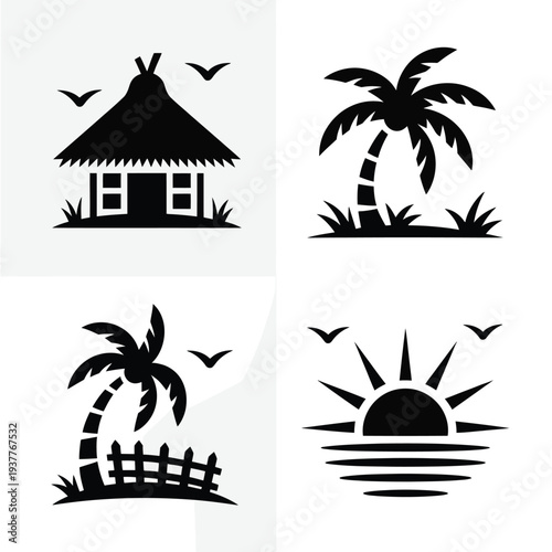Four black and white tropical scenes with hut palm tree and sunset