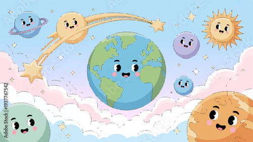 Smiling earth surrounded by happy planets and sun in a colorful sky with fluffy clouds conveying joy and harmony in our solar system