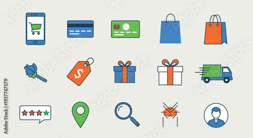 Online Shopping Icons Set: Mobile, Credit Cards, Gift, Delivery Truck, Search, Location