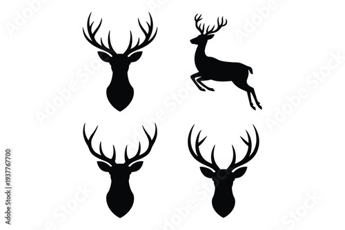 Four black silhouette deer heads and one leaping deer