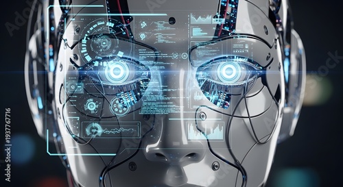 Close up of a futuristic robot face with glowing blue eyes and digital interface overlay.