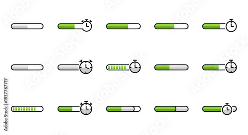 Loading Bar Icons Set with Timer, Progress Indicators, Status Bars, UI Elements