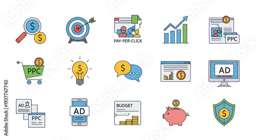 Digital Marketing Icons: PPC, SEO, Budget, Ads, Analytics, Piggy Bank