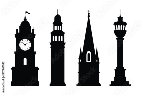 Four black silhouette landmarks including clock tower and church