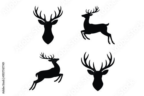 Four black silhouette deer in different poses antlers