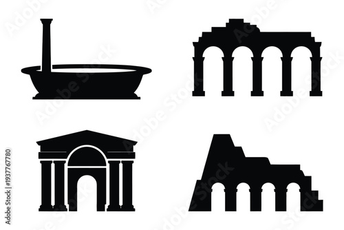 Four black silhouettes of ancient roman structures
